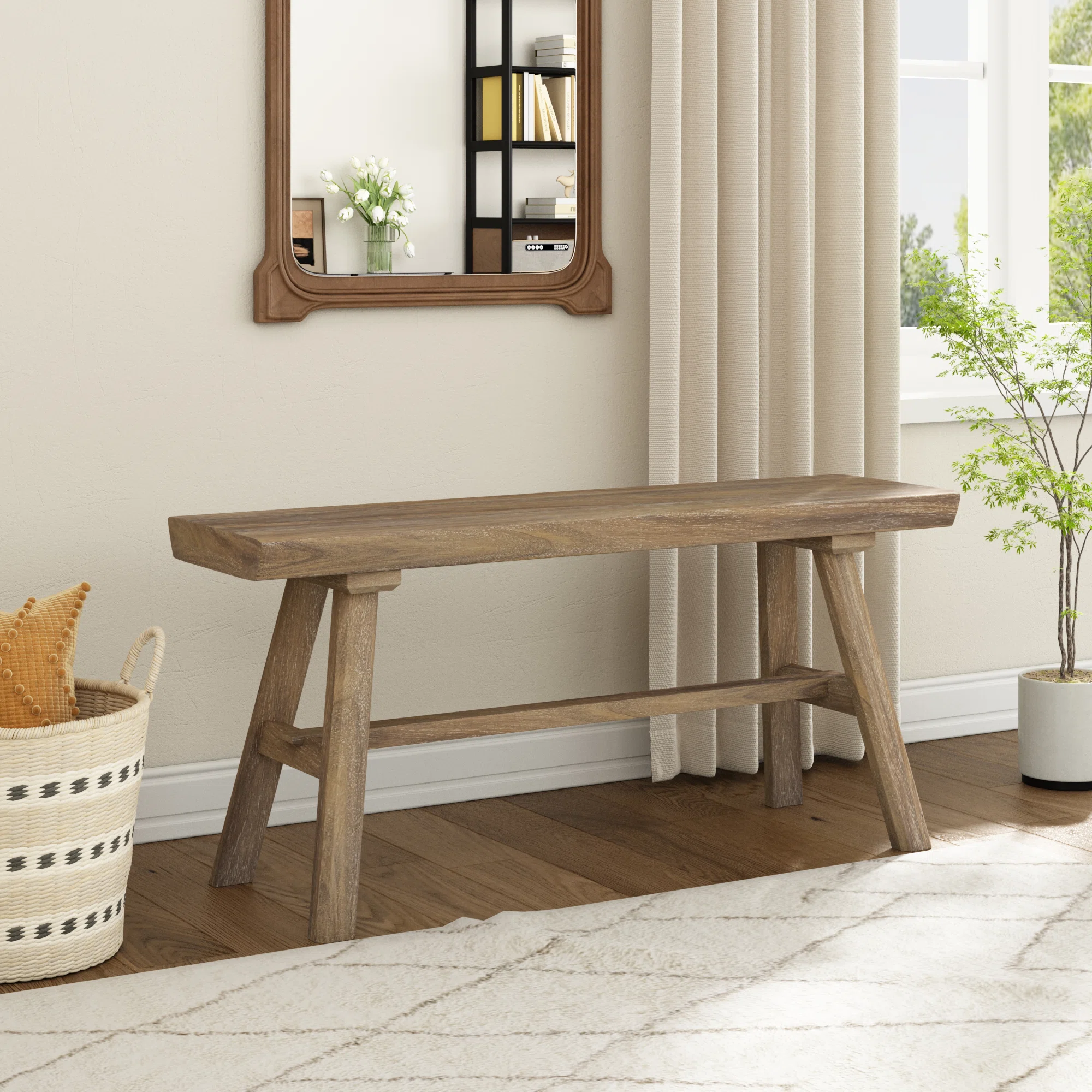 Farmhouse Solid Wood Bench Minimalist Mortise and Tenon Design