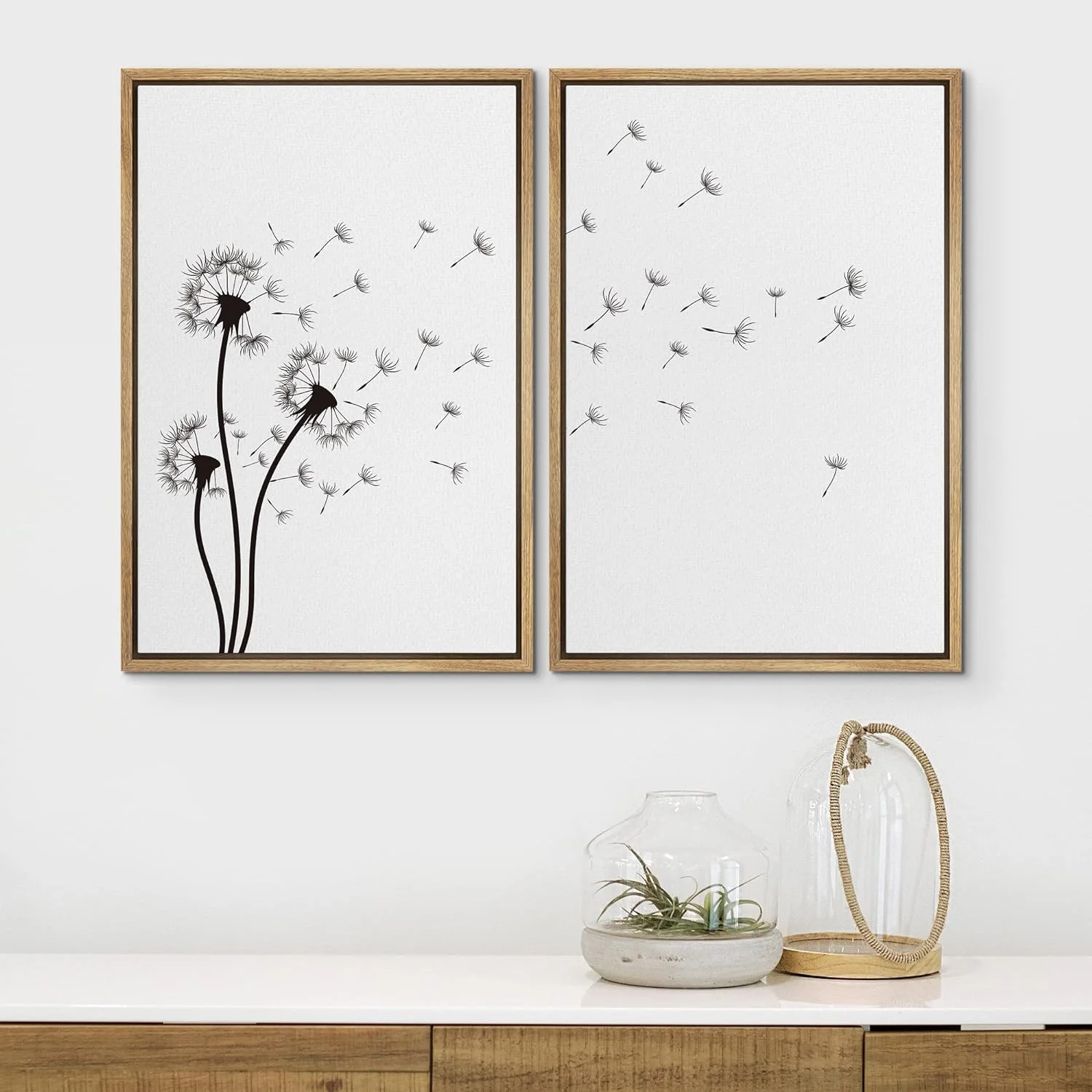 Black And White Dandelion Minimalist Botanical Decor Wall Art Framed 2 Piece Canvas Print