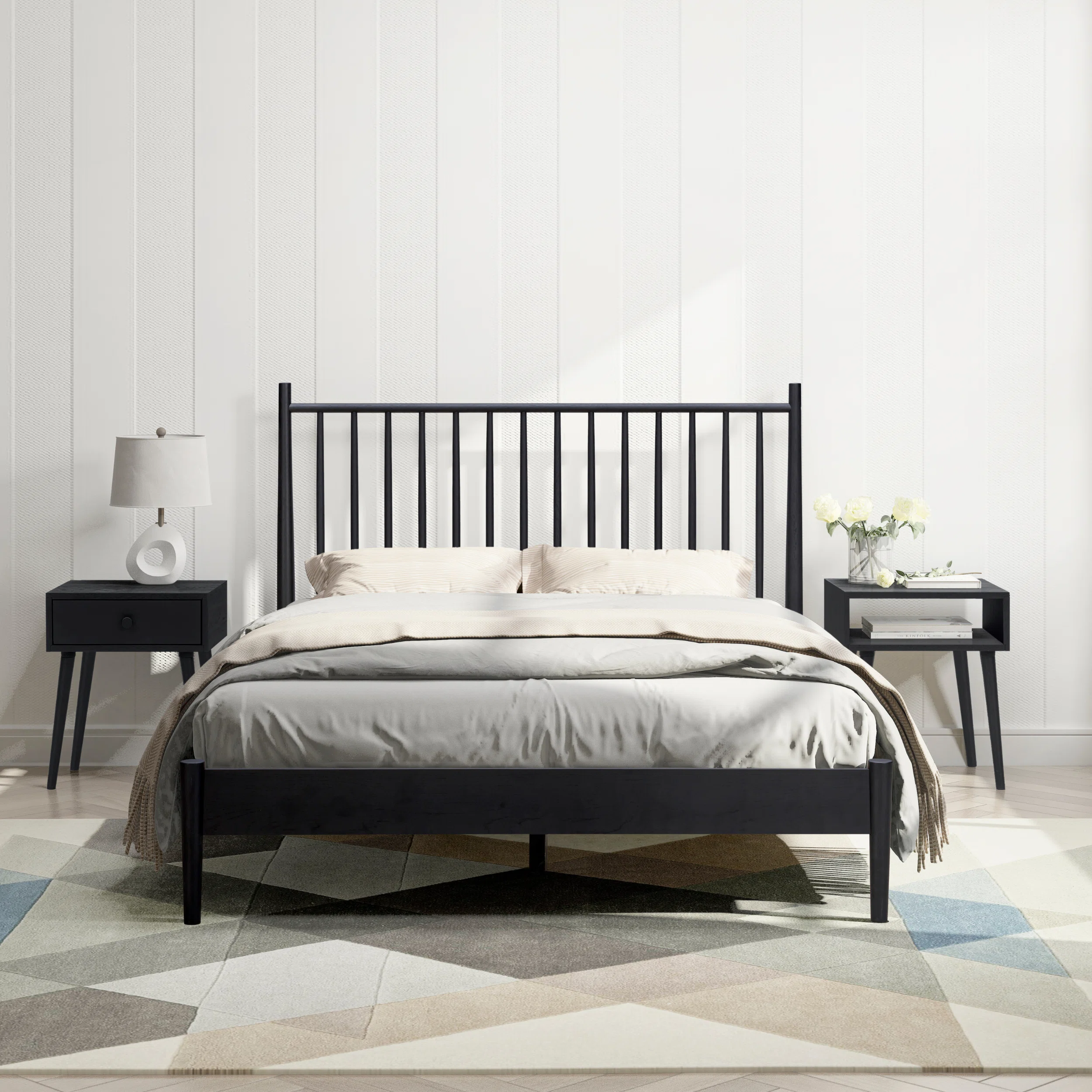 Inno Solid Wood Bed Frame with Spindle Headboard and Silent Slats, 1000 lb Capacity