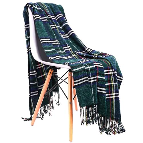 JUDYBRIDAL Plaid Chenille Throw Blanket, Extra Soft Cozy Knitted Decorative Blanket, All-Season Dual-Sided Home Decor Blanket with 3 Inches Tassels for Bed Sofa Couch Chair 50" W x 67" L（Green）
