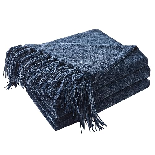 CozeCube Chenille Throw Blanket for Couch, Cozy Plush Fuzzy Decorative Navy Blue Blanket with Fringe Tassels, Lightweight Throws for Bed Sofa Gift Home Decor, 60"X80"