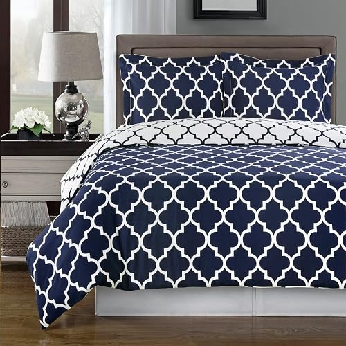 Royal Bedding Navy and White Meridian 3 Piece King/Cal-King Comforter Cover (Duvet Cover Set) 100% Cotton 300 TC