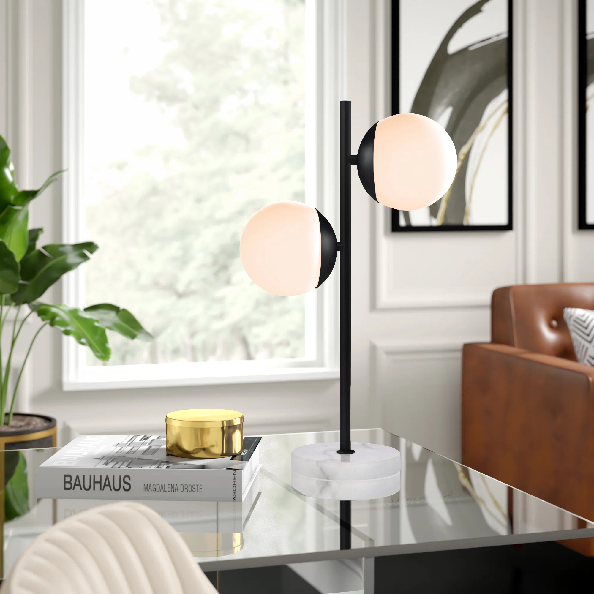 Yearby Marble and Metal Table Lamp with Glass Globe Shade