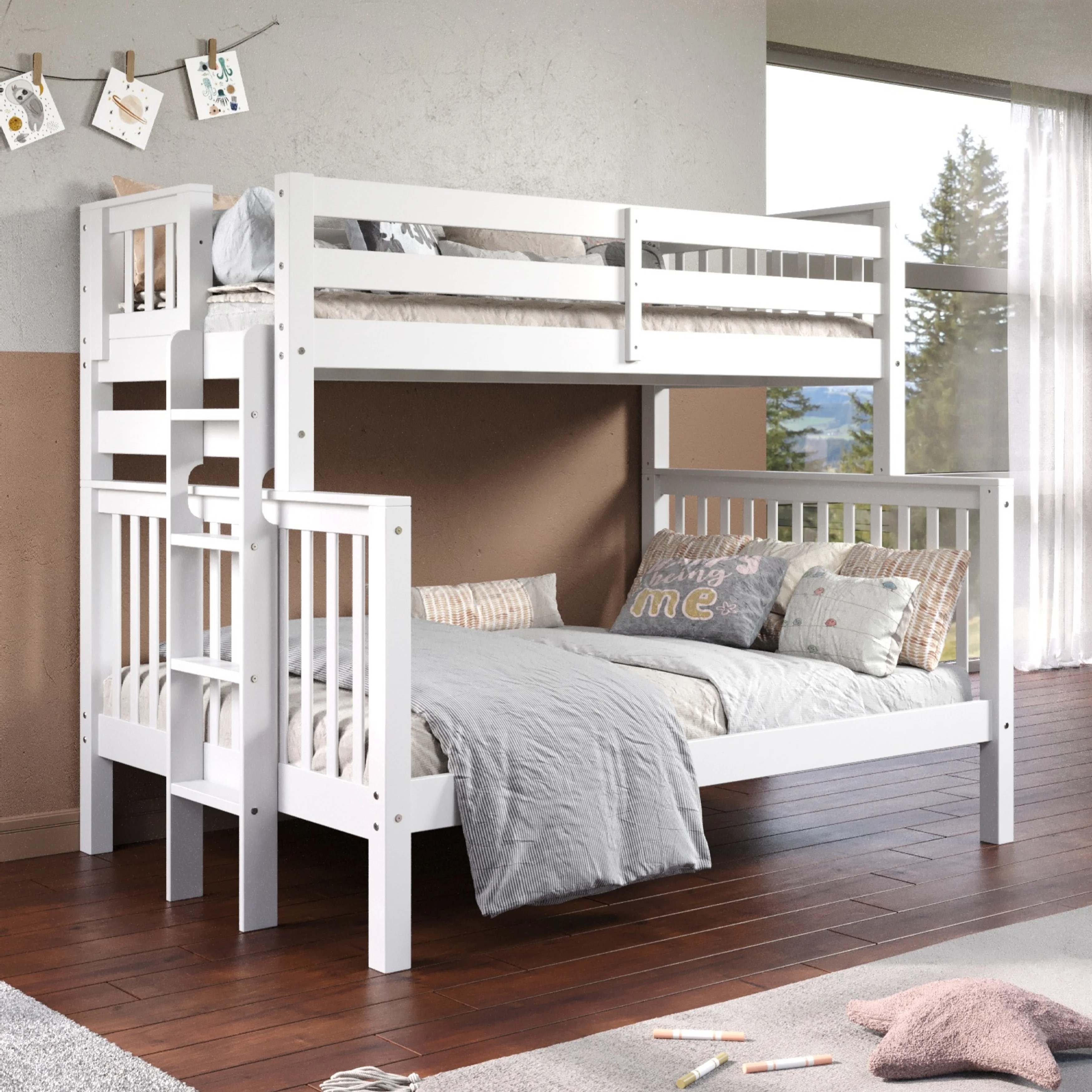 Treva Solid Wood Standard Bunk Beds Twin over Full, 4 Step Ladder, White
