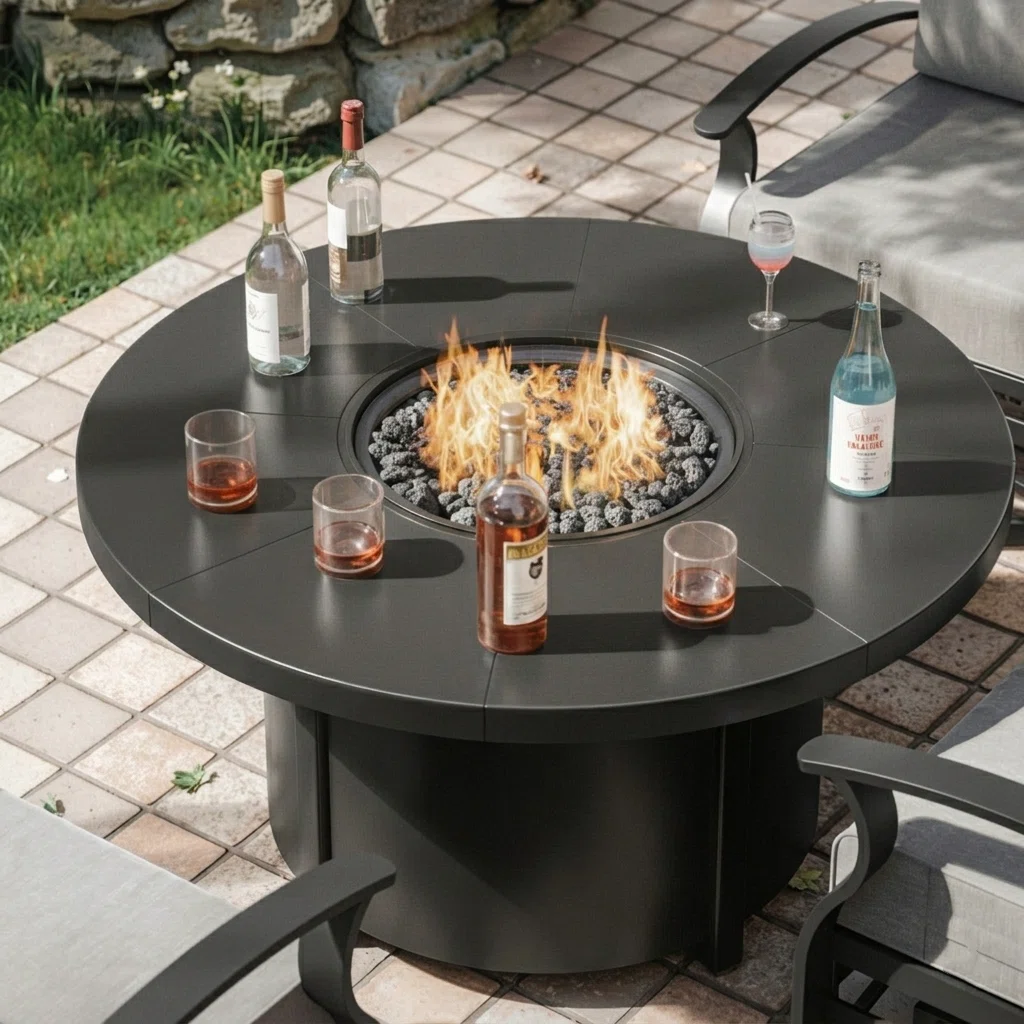 Dobbs 48" Round Fire Pit Table 40,000 BTU Carbon Steel Construction Adjustable Feet Magnetic Gas Door