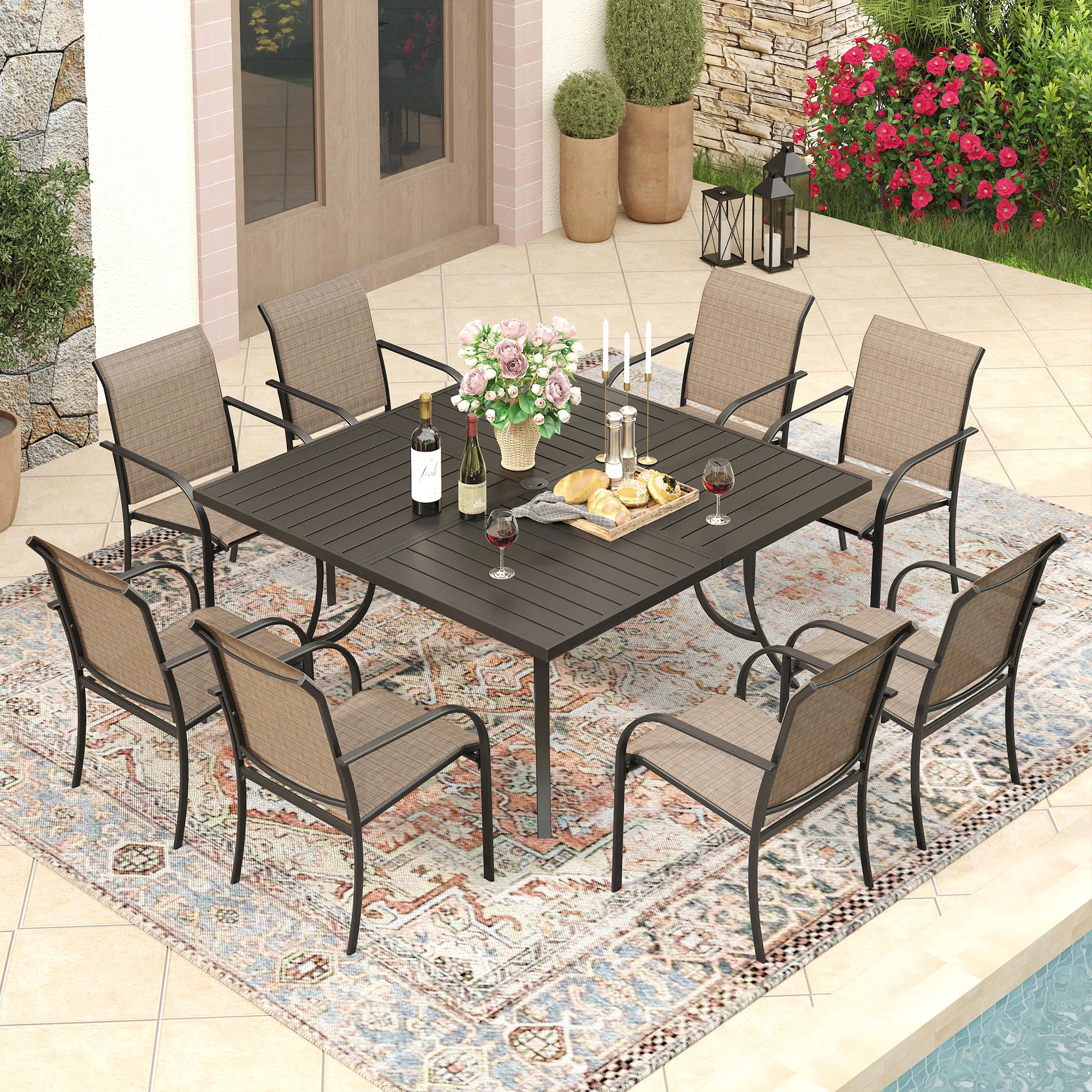 Erilas 8-Person Metal Patio Dining Set with Square Table