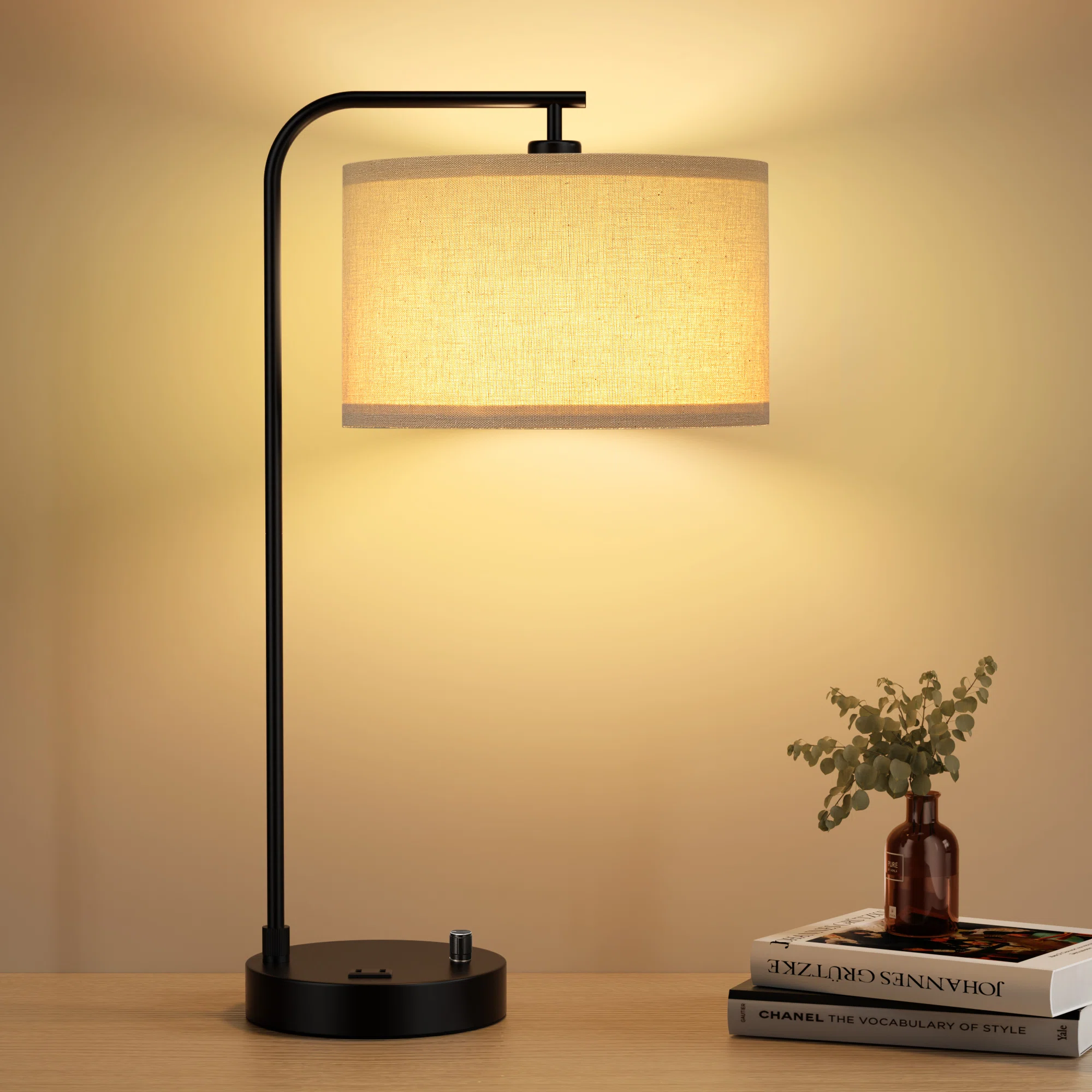 20.7'' Modern Black Table Lamp with Dimming Knob, AC Outlet and USB A&C