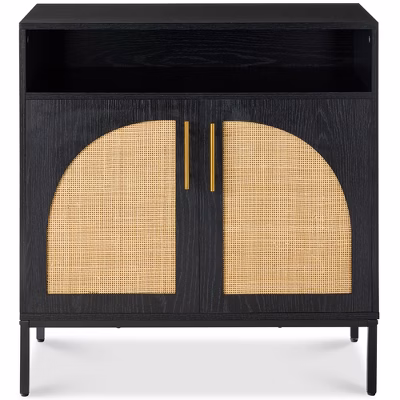 Arched 2-door Rattan Cabinet, Sideboard, Buffet, W/ Cord Cutout, Adjustable Storage Shelf - Black