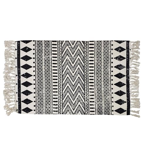 Boho Cream & Black Cotton Rug - Washable