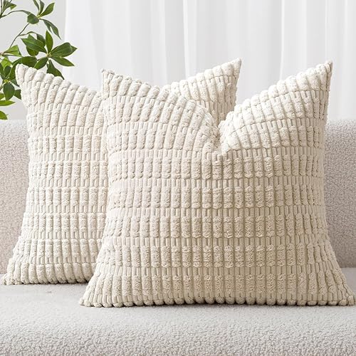 Euro Sham Corduroy Decorative Throw Pillow Covers 24x24 Cream White | Pack of 2 Soft Boho Striped Pillow Covers Modern Farmhouse Home Decor For Sofa Living Room Couch Bed