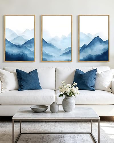 Blue Watercolor Mountains in Fog Framed Wall Art