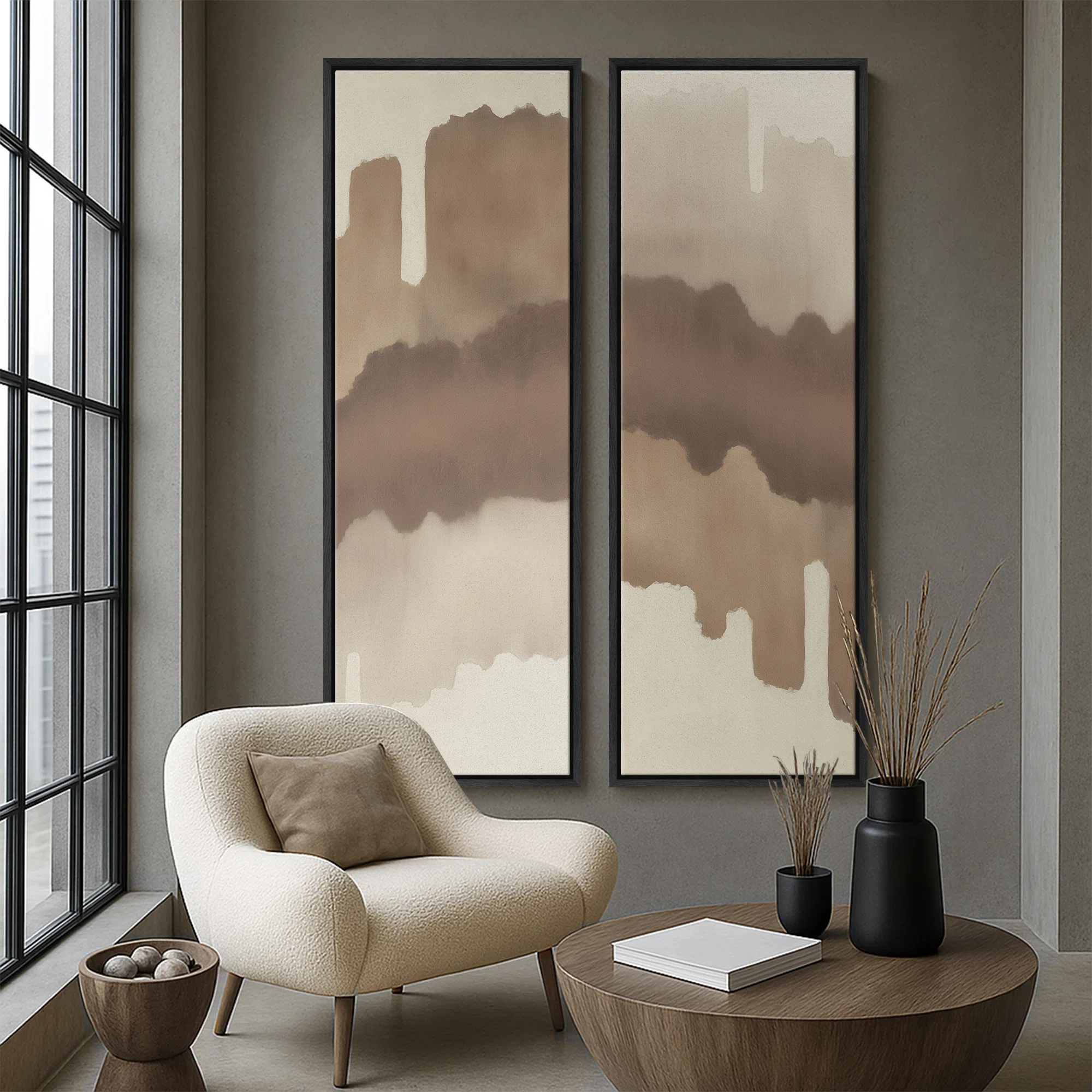 Soft Earth Tone Abstract Wall Art for Bedroom – Set of 2 Framed Wall Art Print on Canvas 60"x20"x2, 60"x30"x2