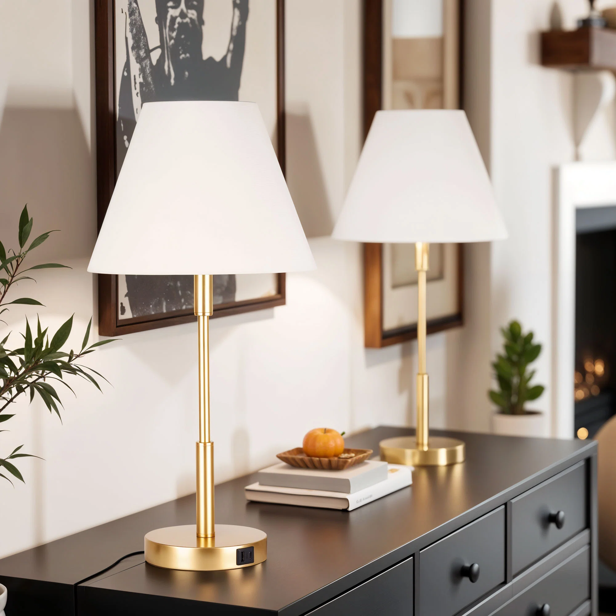 Marlow Lamp with USB ports - Antique Brass - Set of 2