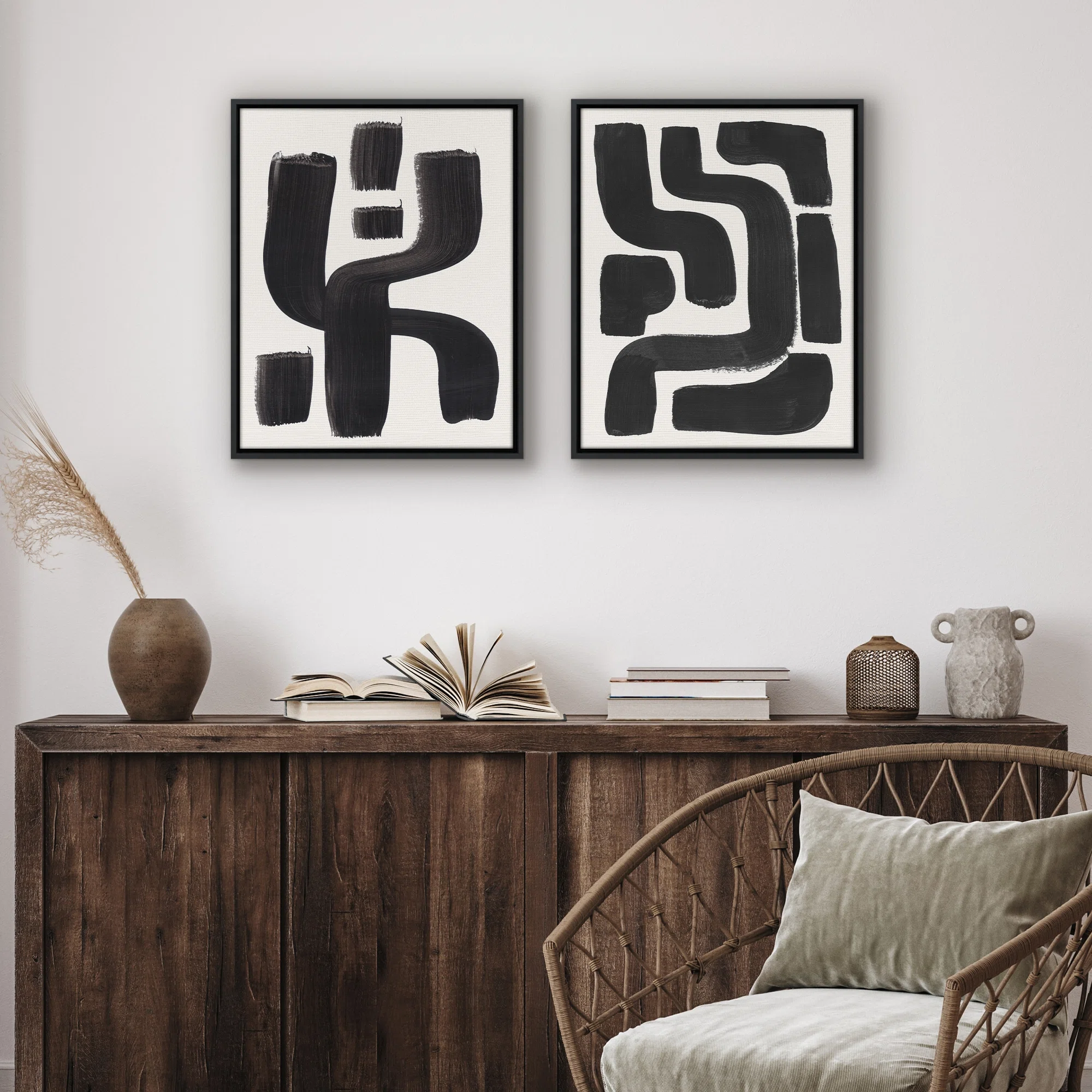 16x20 Canvas Wall Art Featuring Bold Black Brushstroke Shapes - Cream Background - Set of 2 - Abstract Wall Art