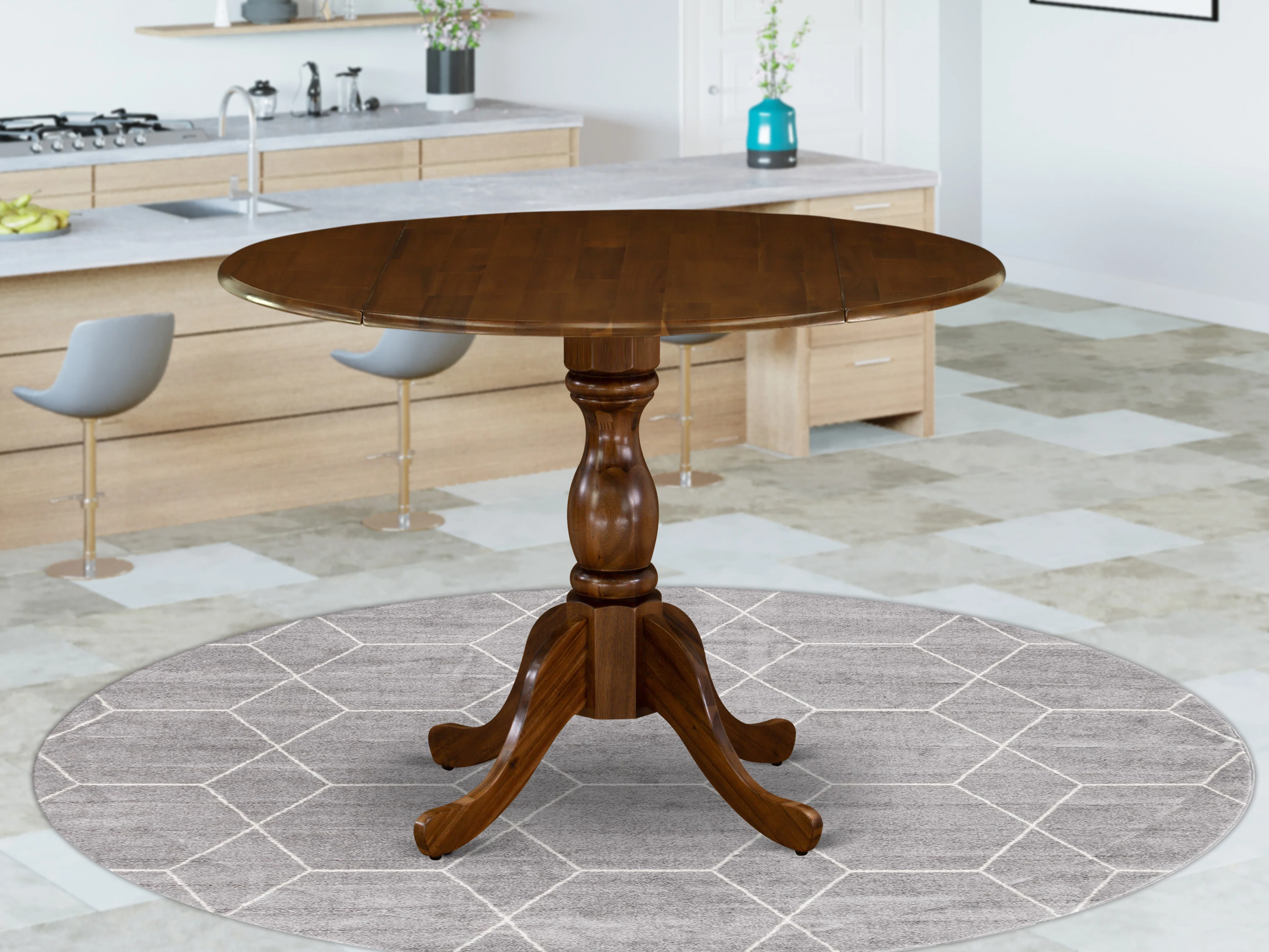 Dublin Kitchen Dining Table - a Round Wooden Table Top with Dropleaf & Pedestal Base, Antique Walnut