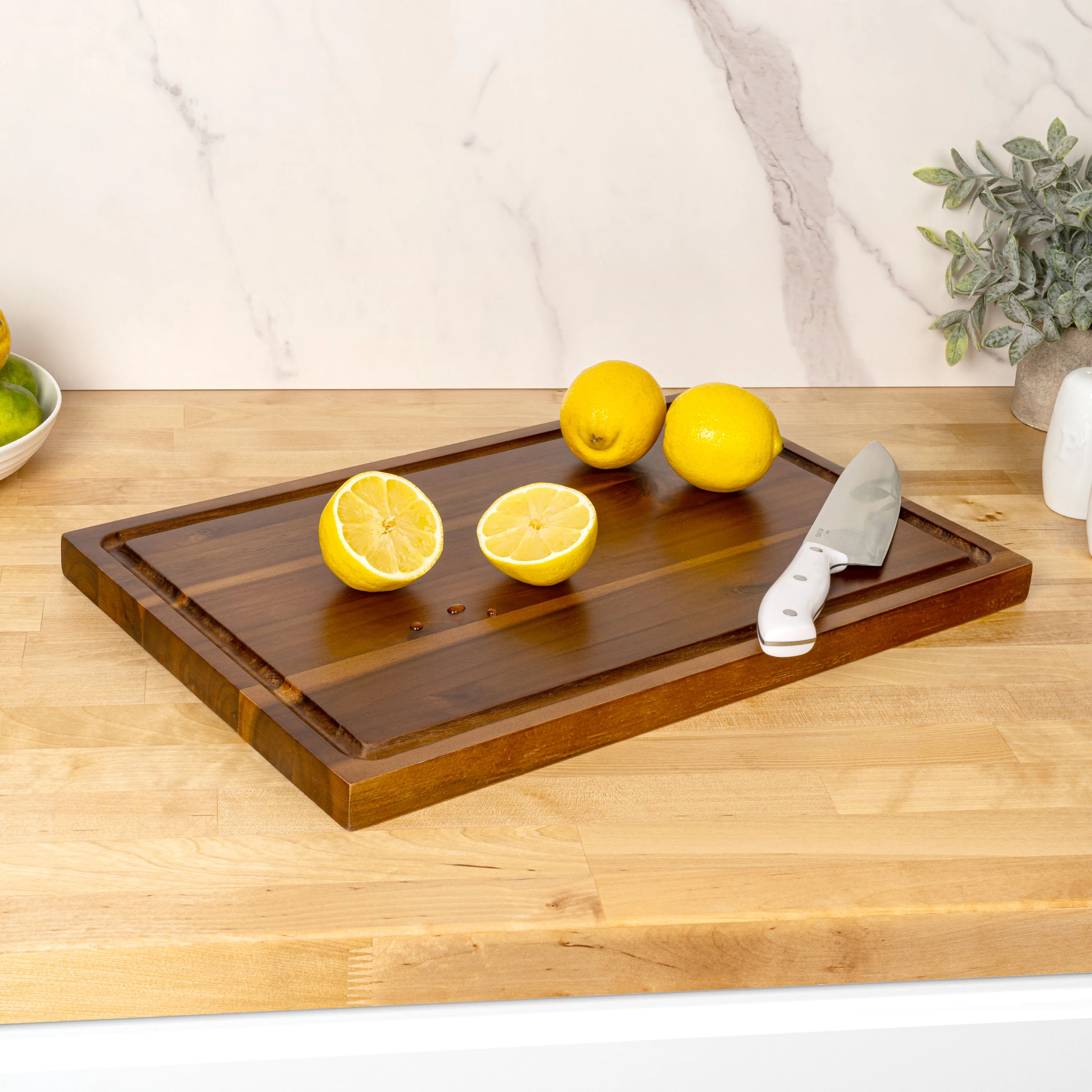Eldridge Large 18 in. W x 12 in. D Handcrafted Acacia Wood Grain Thick Reversible Cutting Board with Juice Grooves, Brown