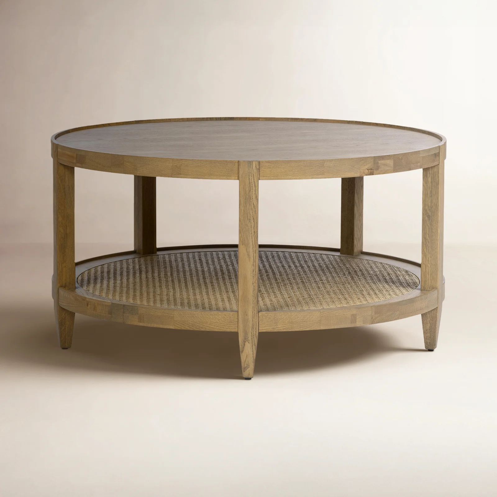 Devin Round Oak Wood Coffee Table with Cane Detail
