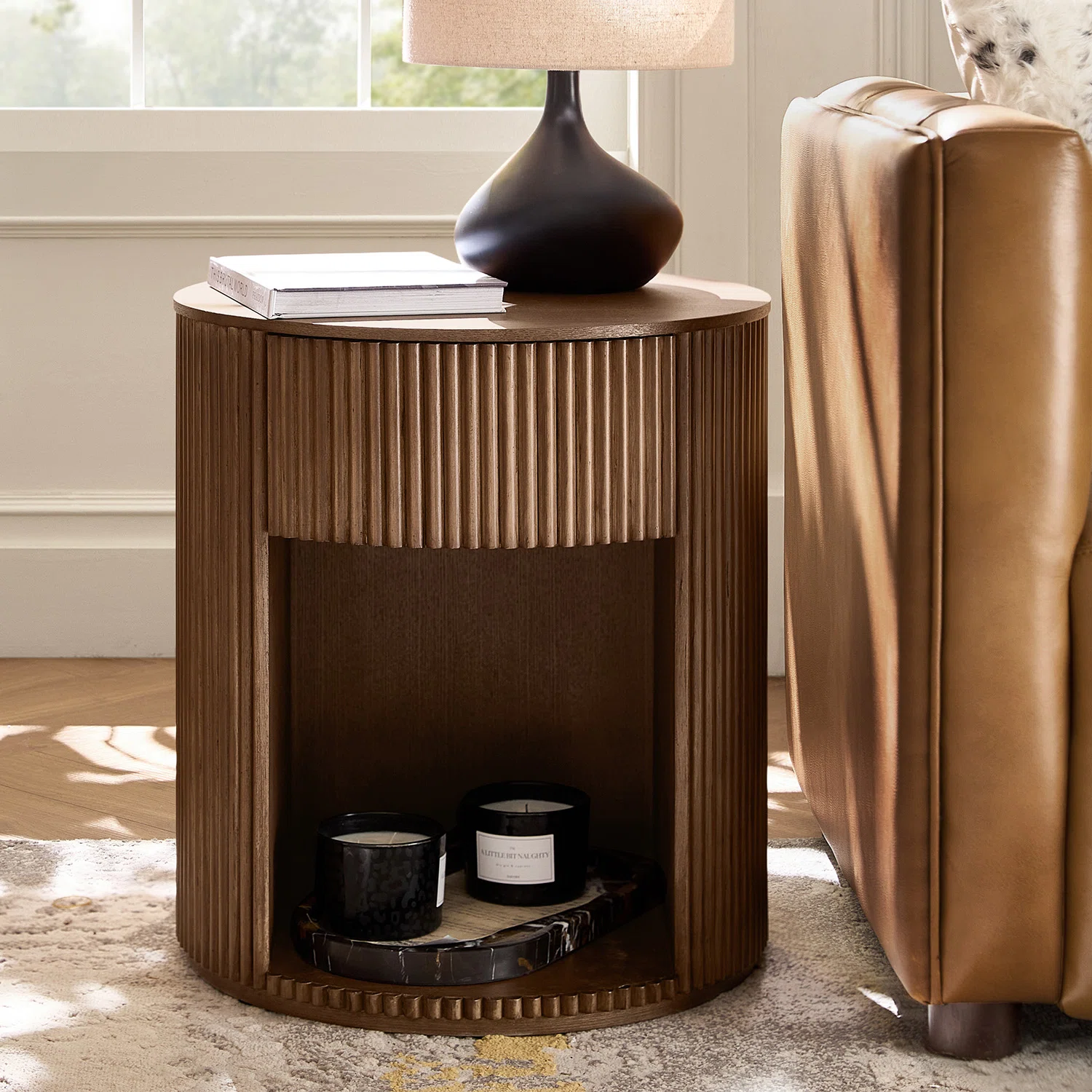 Kaybri Modern 20" Tall Fluted Round End Table wIth Storage