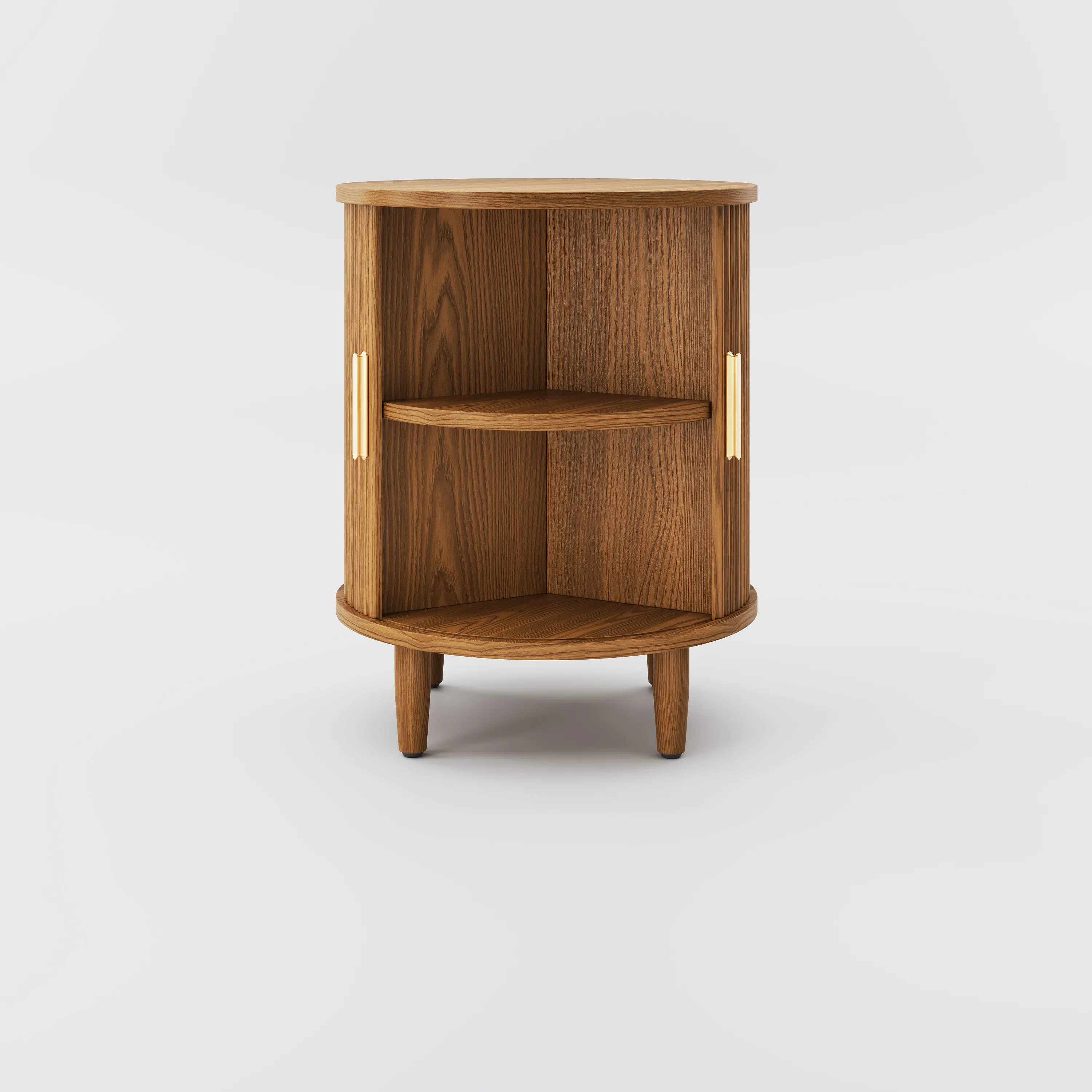 Modern Mid-Century Round Walnut Color Side Table With Sliding Tambour Door & Storage Shelf, Solid Wood Frame, And Metal Hardware Legs