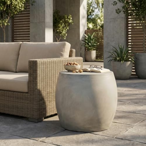 kevinplus ø24.75'' Concrete Oval Side Table End Table for Outdoor & Living Room, Modern Round Circle Style, Durable and Lightweight, Cement Material, No Assembly, Light Gray