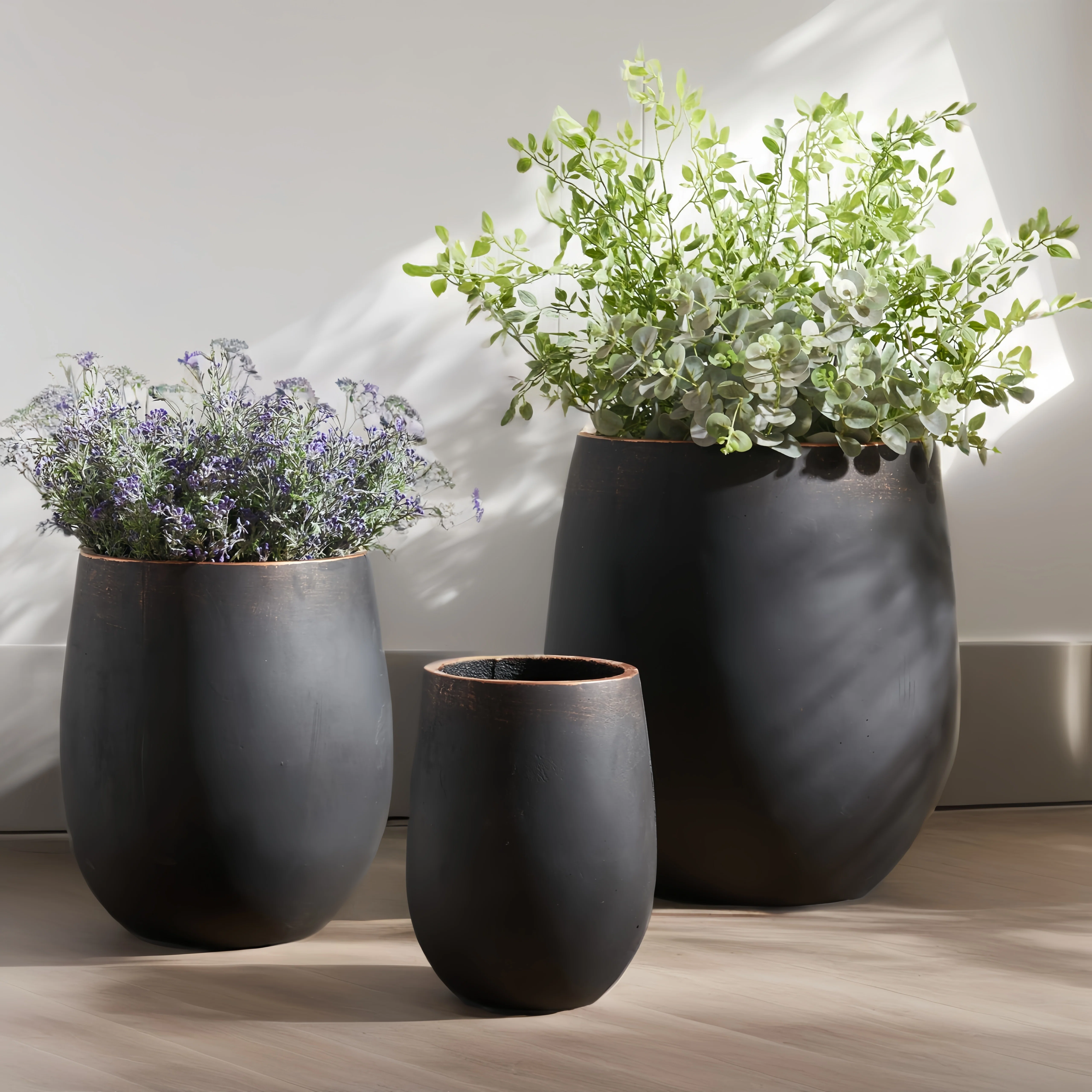3-Piece Concrete Planter Set with Copper Rust Finish, Handmade Outdoor & Indoor Pots with Drainage Plug
