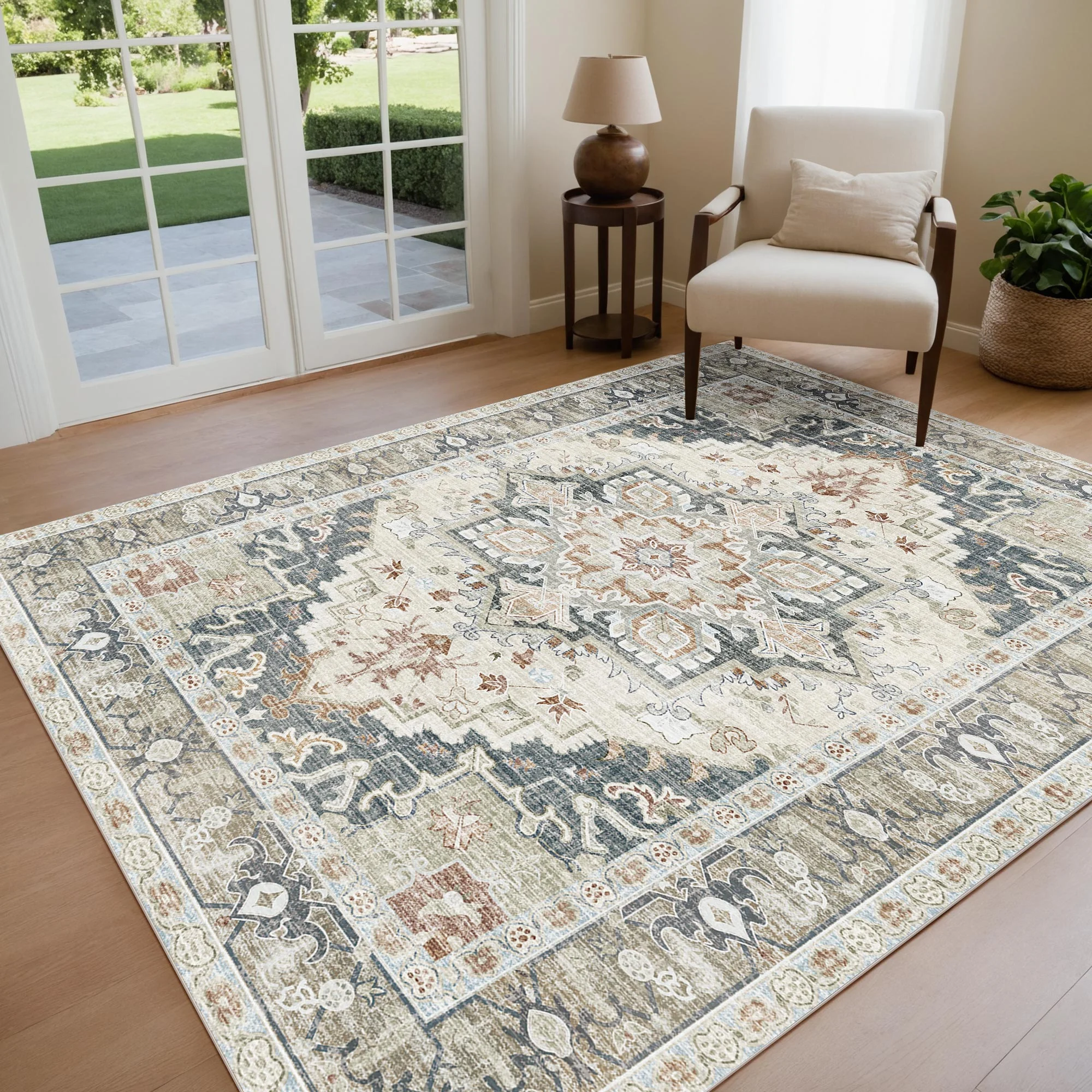 Washable Area Rugs Boho Floral Living Room Vintage Low Pile Indoor Carpet