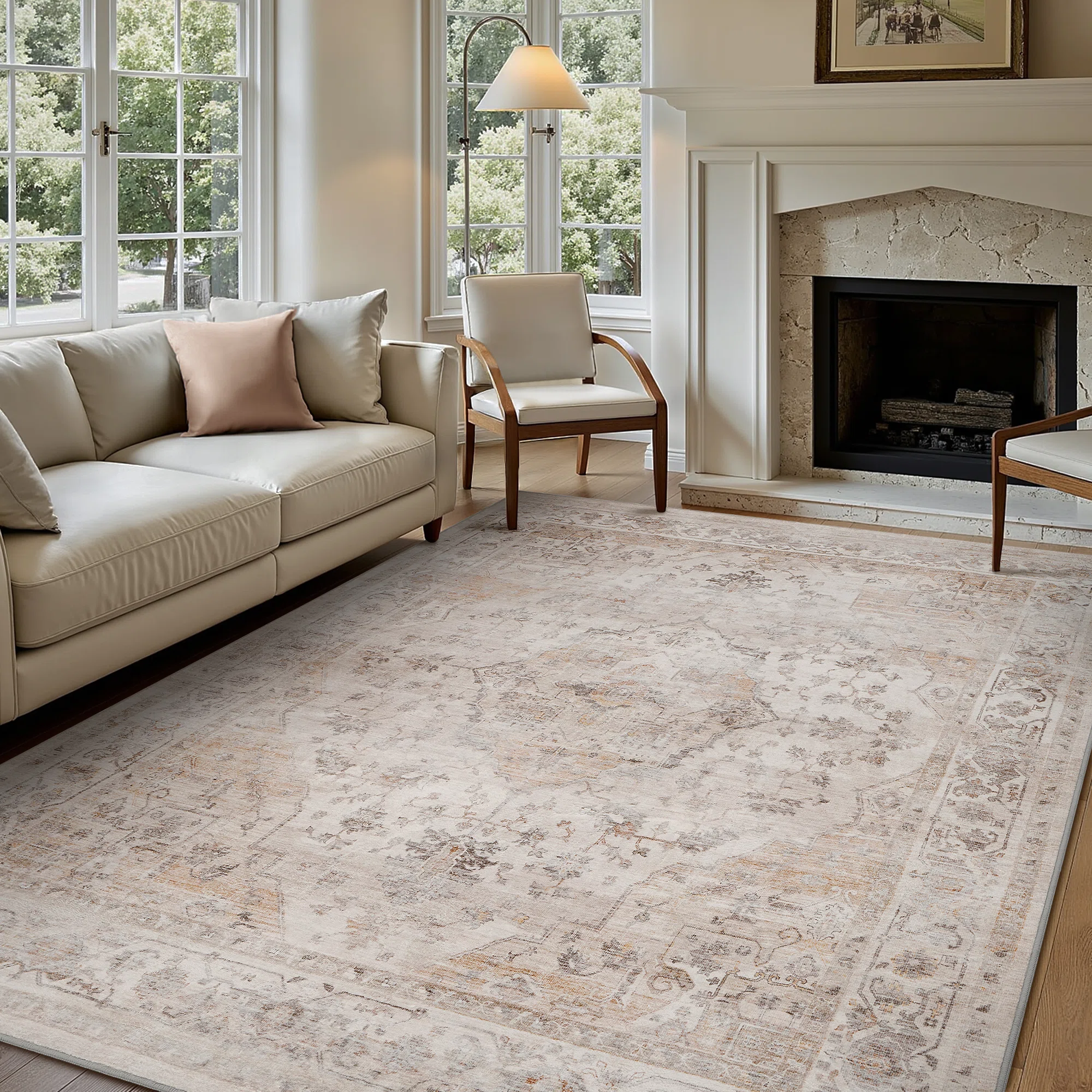 Soft Beige Machine Washable Oriental Area Rug For Living Room, Bedroom