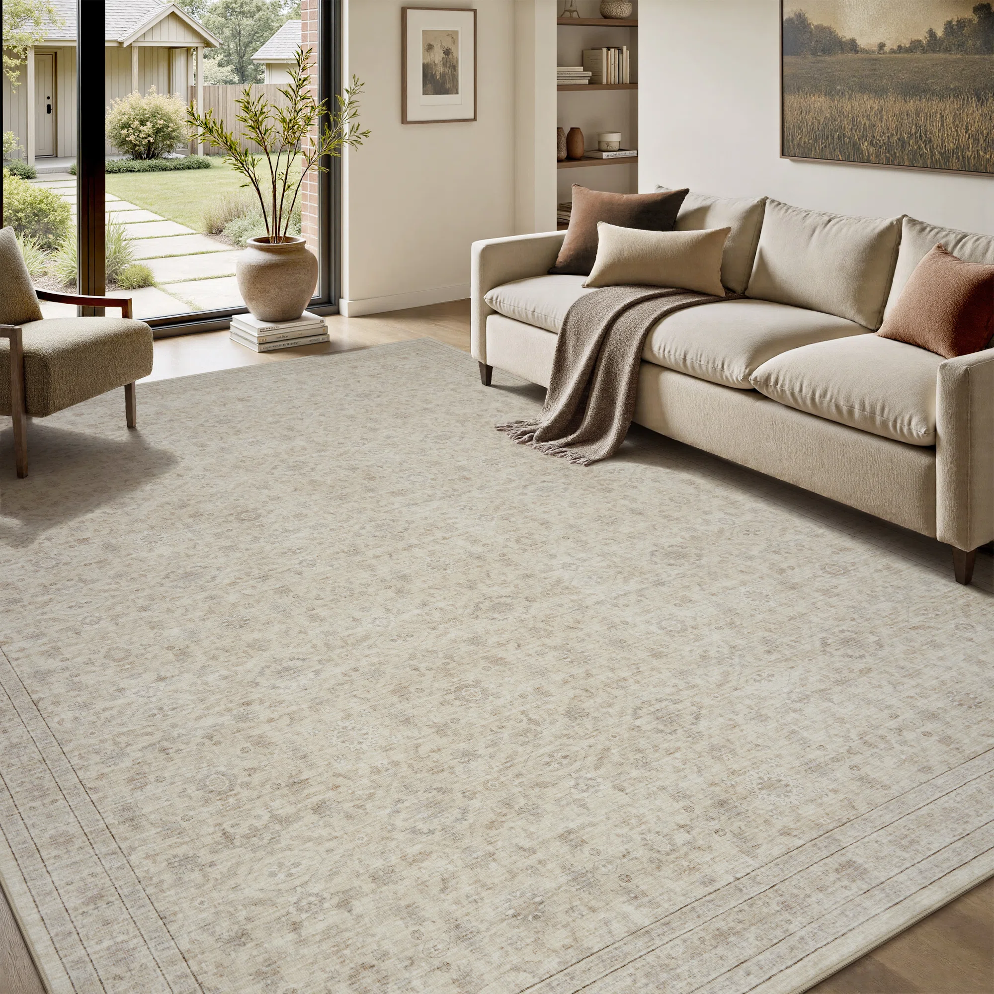 Beige Vintage-Inspired Washable Non-Slip Area Rug For Living Room, Bedroom