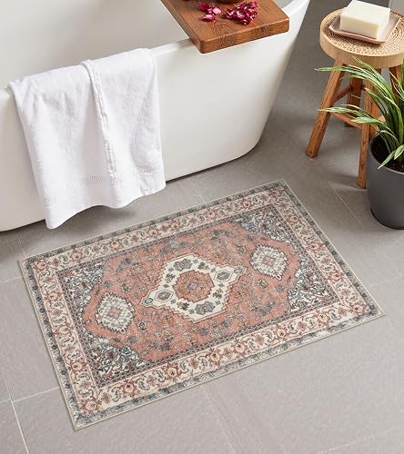 Seavish Vintage Bath Mat, 18x26 Inch Boho Coral Soft and Absorbent Bath Mat | Small Vintage Bathroom Rugs Non Slip Washable Plush Microfiber Bathroom Rug for Sink Shower Vanity, Oriental Toilet Rug