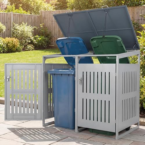 Goplus 44 Cu.Ft Outdoor Trash Can Storage, Garbage Can Hider Outdoor with 2 Lockable Doors Gas Struts & Shock Absorbers, Slant-roof Outdoor Storage for Patio, Backyards, Yard & Garden (52"x32"x49.5")