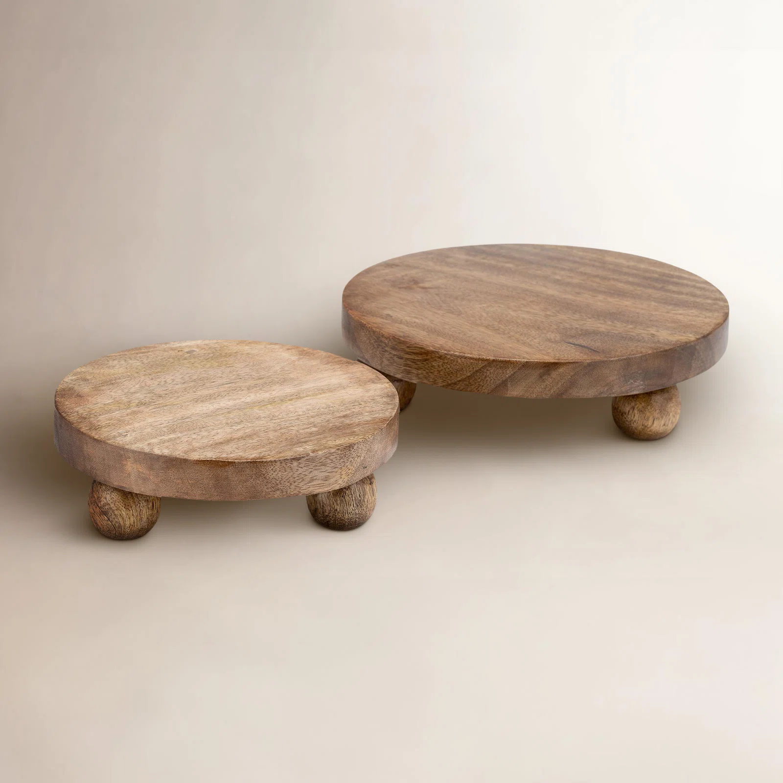 Decorative Round Wood Risers Tray for Ottoman & Coffee Table Decor - Home Decor Accent, Jewelry Display, and Kitchen Organizing - Set of 2, 10", 8"