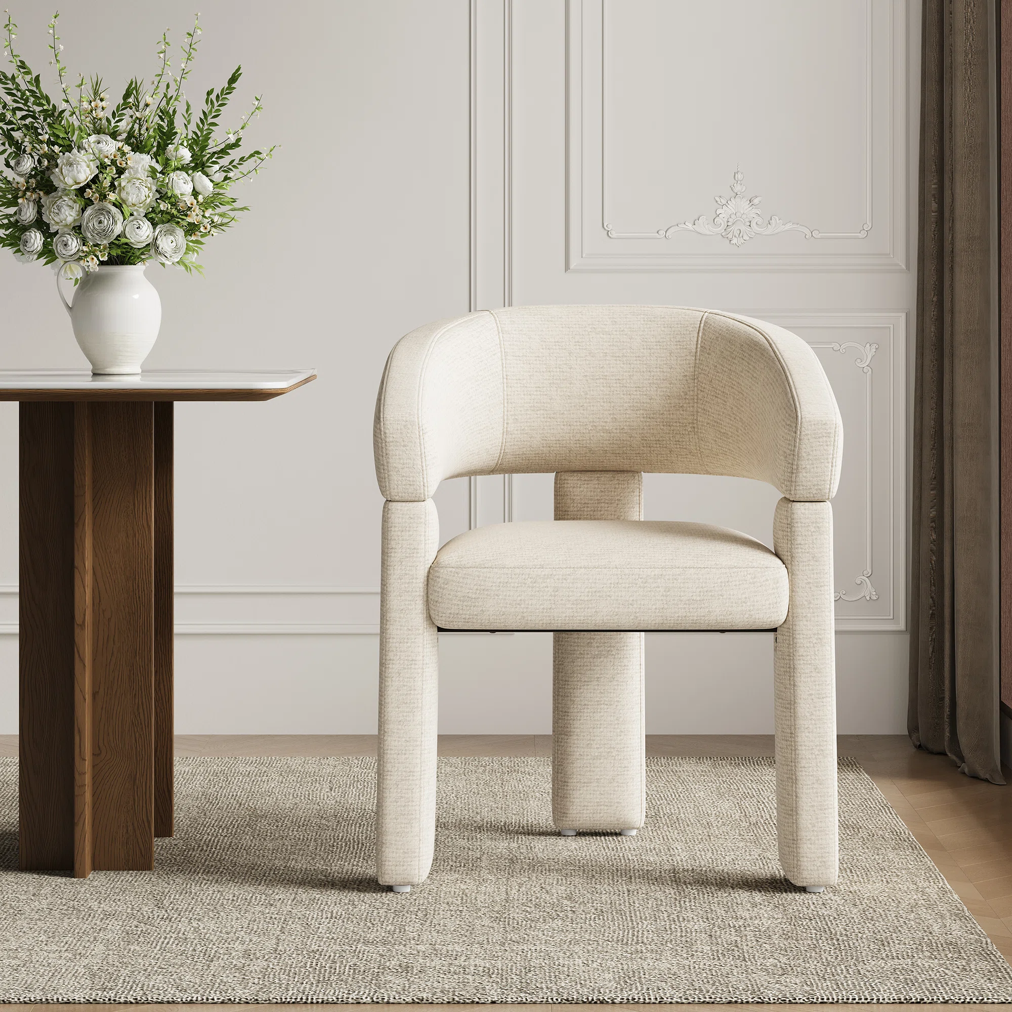 Upholstered Barrel Dining Chair with Arms, Curved Back Accent Chair, Textured Chenille Fabric, Padded Seat, Solid Wood Frame