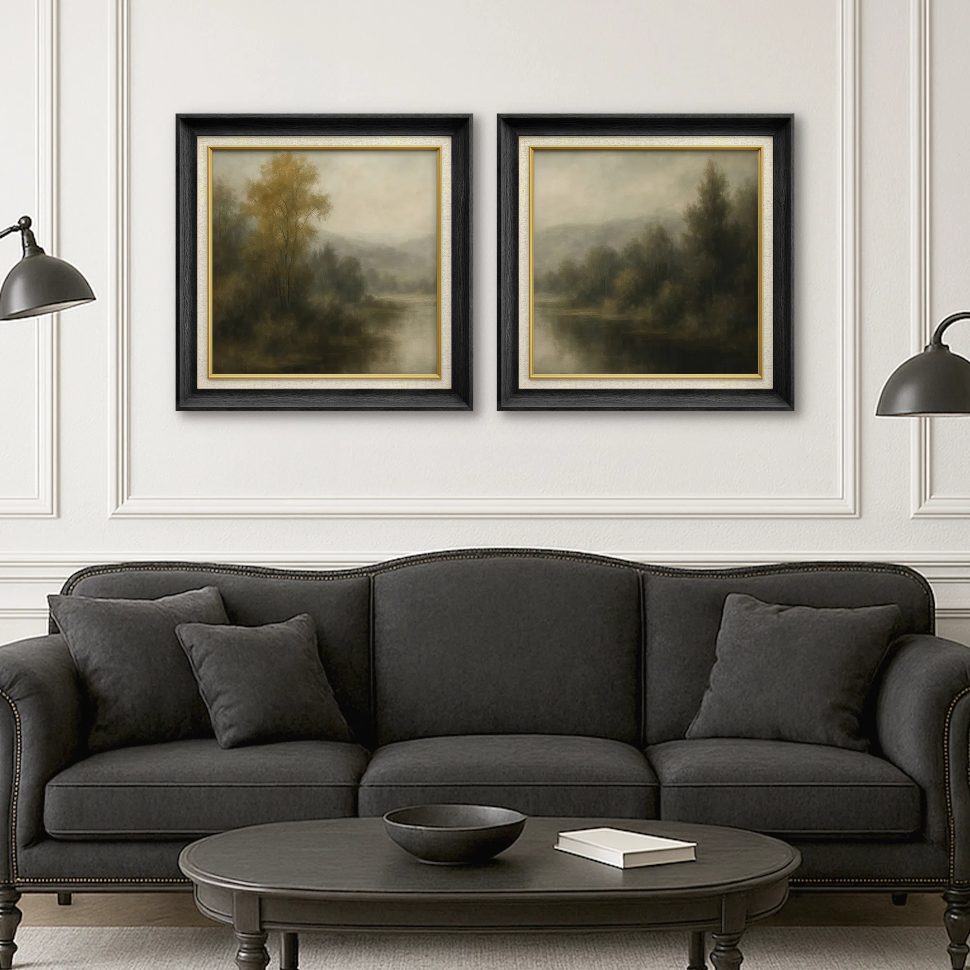Moody Riverside Forest Nature Landscape Wall Art Set Framed Master Bedroom Wall Art Work 2 Pieces Print