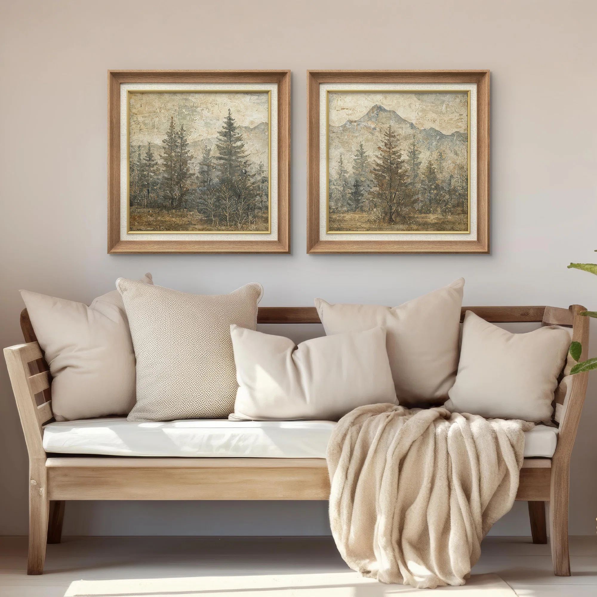 Rustic Mountain Pine Forest Neutral Nature Landscape Framed Master Bedroom Wall Art Work 2 Pieces Print
