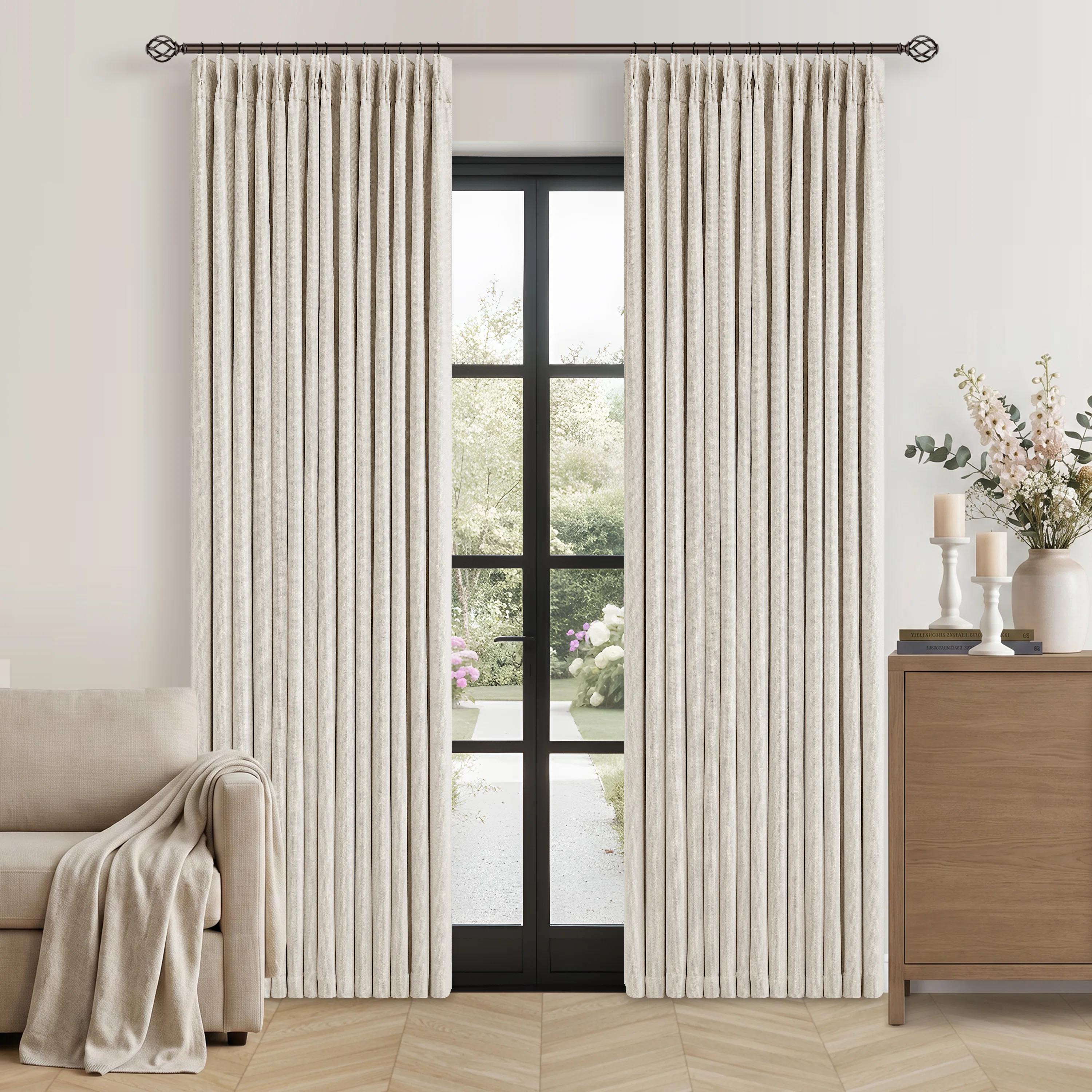100% Blackout Thermal Memory Trained Pinch Pleated Farmhouse linen curtain 2 panels