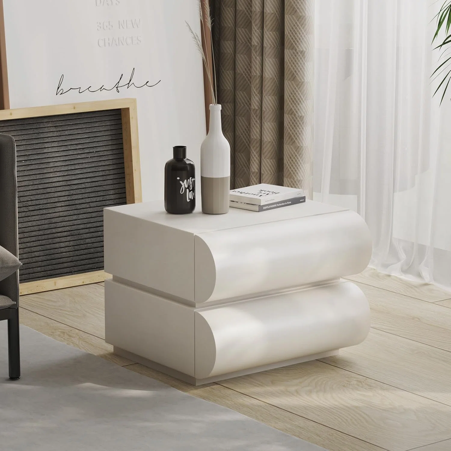 Modern Curved 2-Drawer Nightstand in Cream White – Italian Minimalist Design with Soft-Close Drawers & Rounded Edges for Bedroom Storage