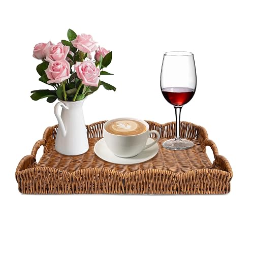Rectangle Wicker Scalloped Tray, Hand Woven Synthetic Rattan Serving Tray with Handles, Coffee Table Decorative Tray Basket for Modern Boho Rustic Home Ornament or Organizing (Brown)