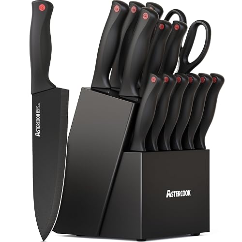 Astercook Knife Set for Kitchen with Block and Sharpener 15pcs German | Stainless Steel Kitchen Utensils Set Dishwasher Safe