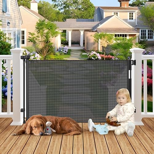 Weatherproof Outdoor Retractable Gate for Dogs, 55" Wide Outdoor Baby Gate | Safety Retractable Pet Gate for Deck, No Rust Stainless Steel Screw and Rod, Waterproof, UV-resistant, Scratch-resistant Mesh