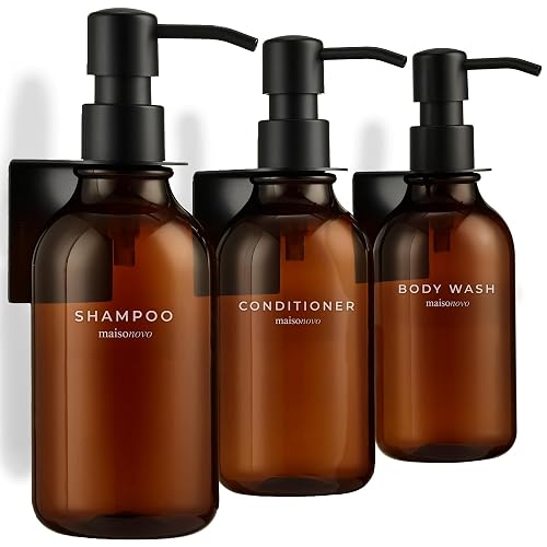 Shampoo and Conditioner Dispenser Wall Mounted Set of 3 Amber Black - No Drill Shower Soap Dispenser for Bathroom Refillable - Spa Hotel Style Accessories by MaisoNovo