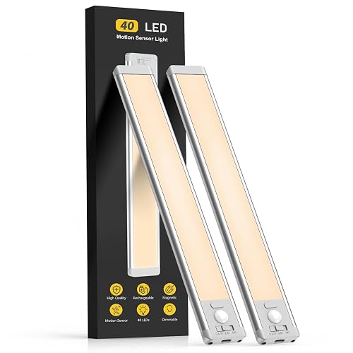 10inch Under Cabinet Lighting, 2 Pack Rechargeable Motion Sensor Light Indoor, 5 Levels Dimmable Magnetic Closet Lights, Wireless Under Counter Lights for Kitchen, Stairs