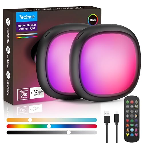 Tedmos Waterproof Shower Light, RGB Rechargeable Ceiling Lights with Remote | 12000mAh Battery Operated, Motion Senosr, No Wiring, Portable, Wireless Closet Overhead Light for Bathroom Hallway Pantry