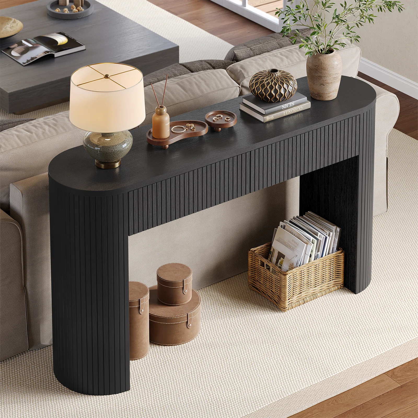 55'' Tambour Console Table With Oval Tabletop For Living Room Hallway Foyer Entrance Study