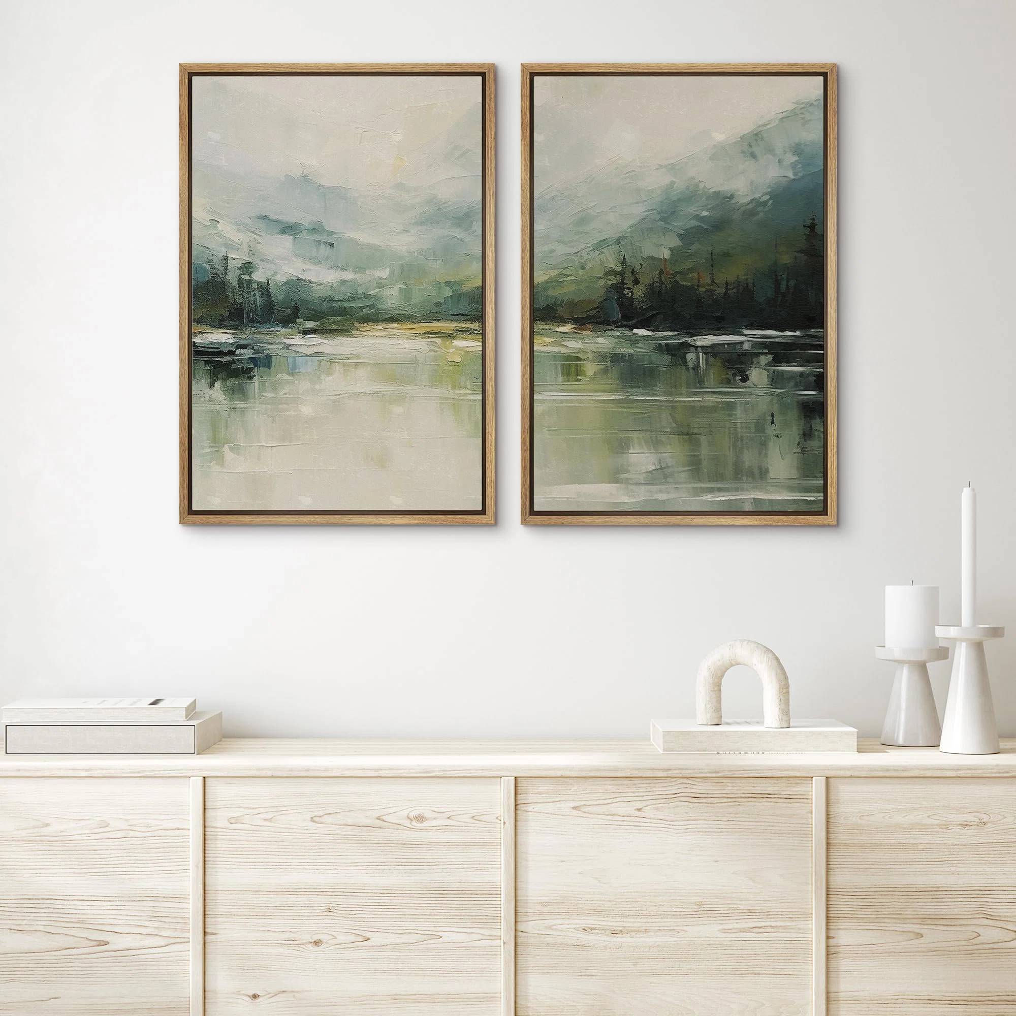 Abstract Green Mountain Range Forest Nature Landscape - Framed Canvas Bedroom Wall Art 2 Piece Print