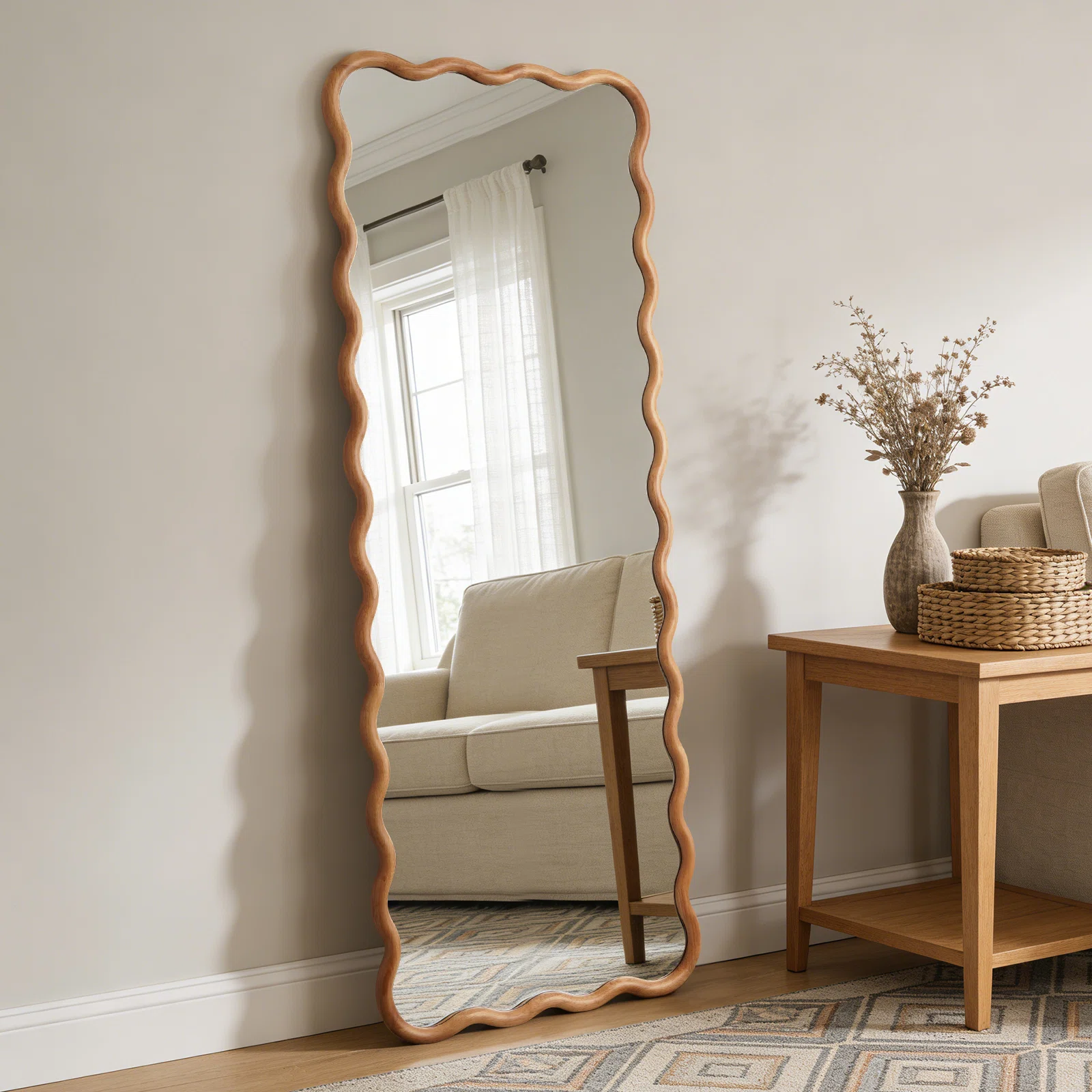 Wavy Solid Rubberwood Decorative Mirror