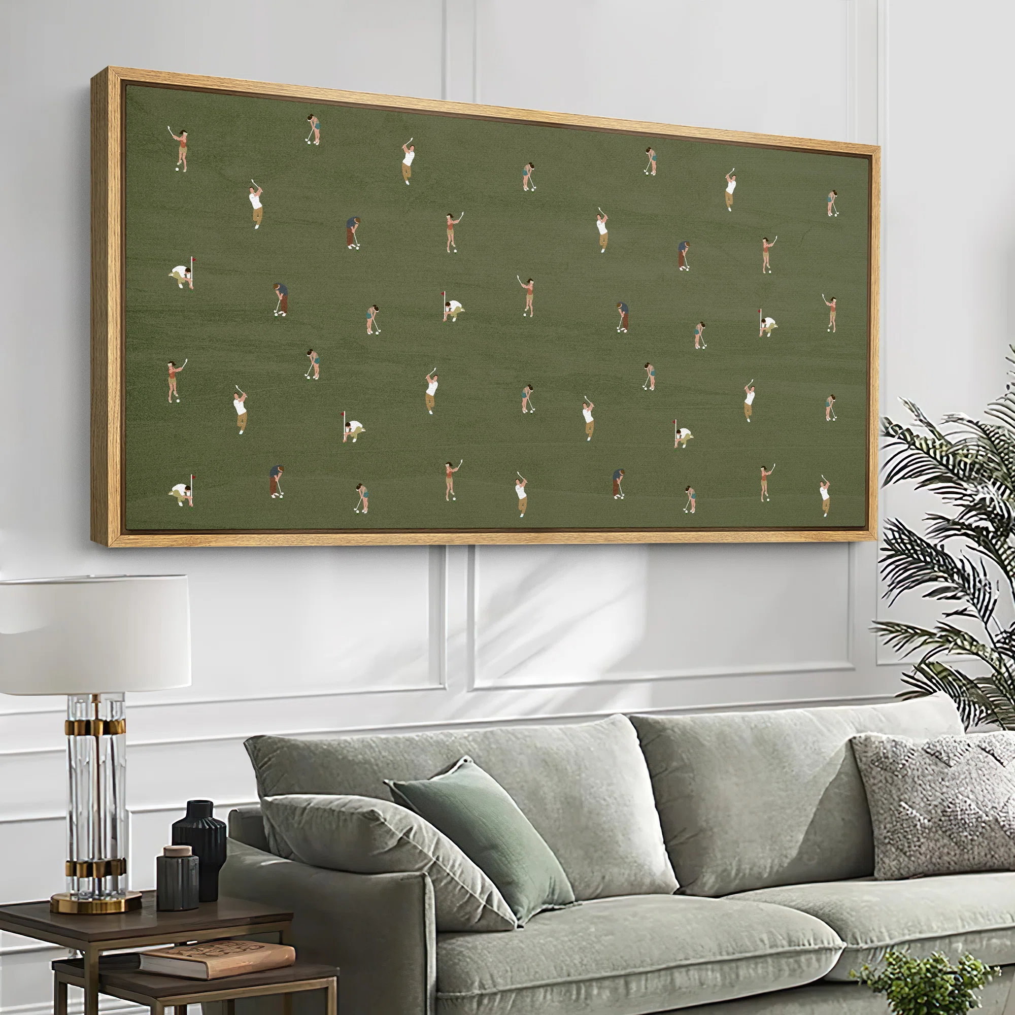 Whimsical Golfers on Green Large Framed Canvas Print Wall Art, Playful Mid-Century Decor