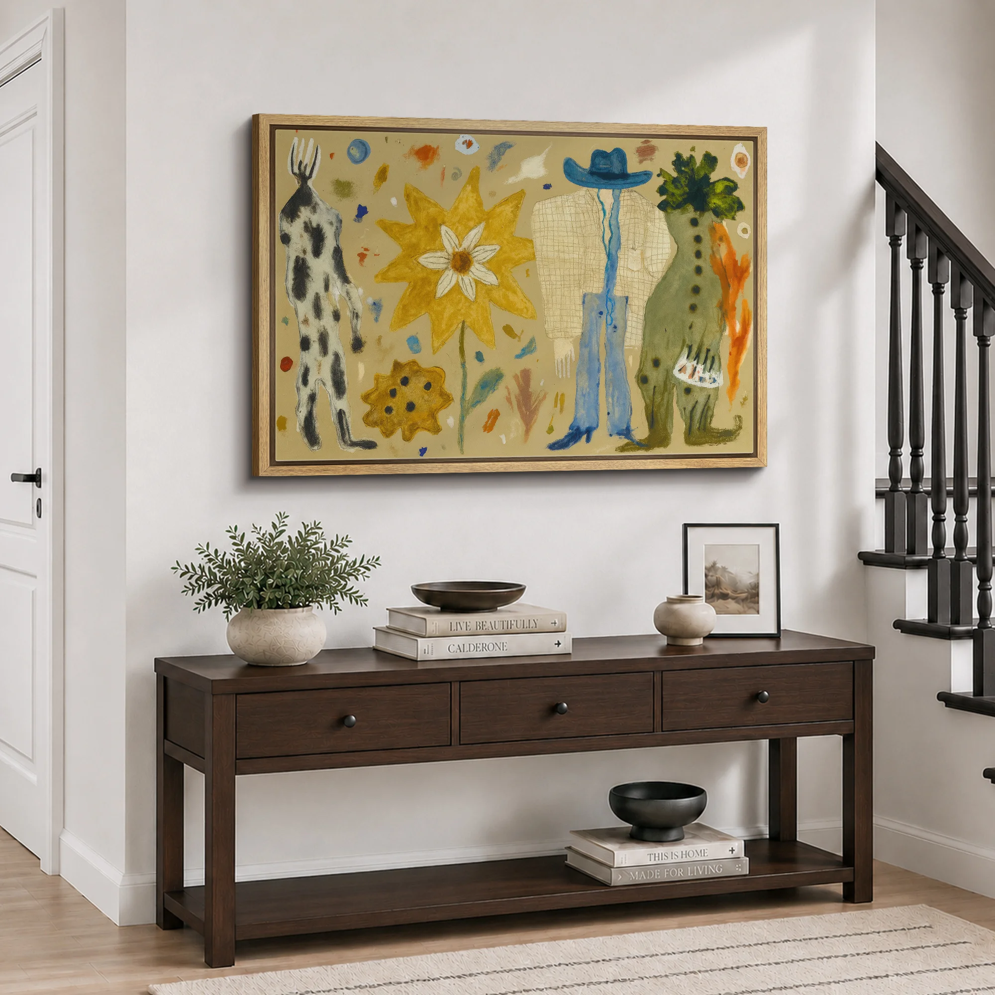 Folk Art Figures and Floral Artwork, Living Room Pictures, Framed Canvas Giclee Print Wall Art