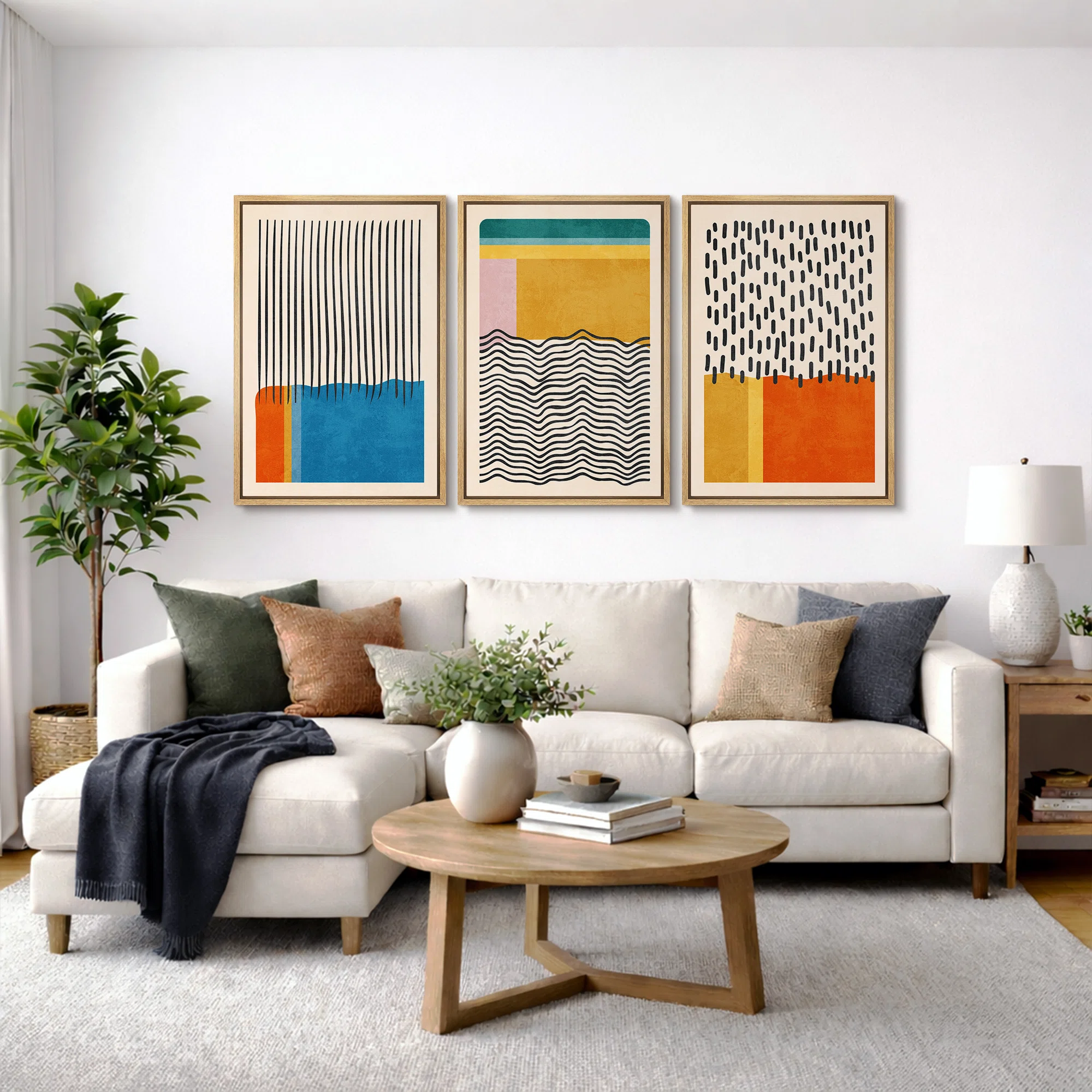 Abstract Vibrant Color Blocks "Mid-century Modern Colorful Blocks Artwork, Multicolor Geometric Wall Pictures, Large Framed Canvas Giclee Print 3 Pieces Wall Art Set"