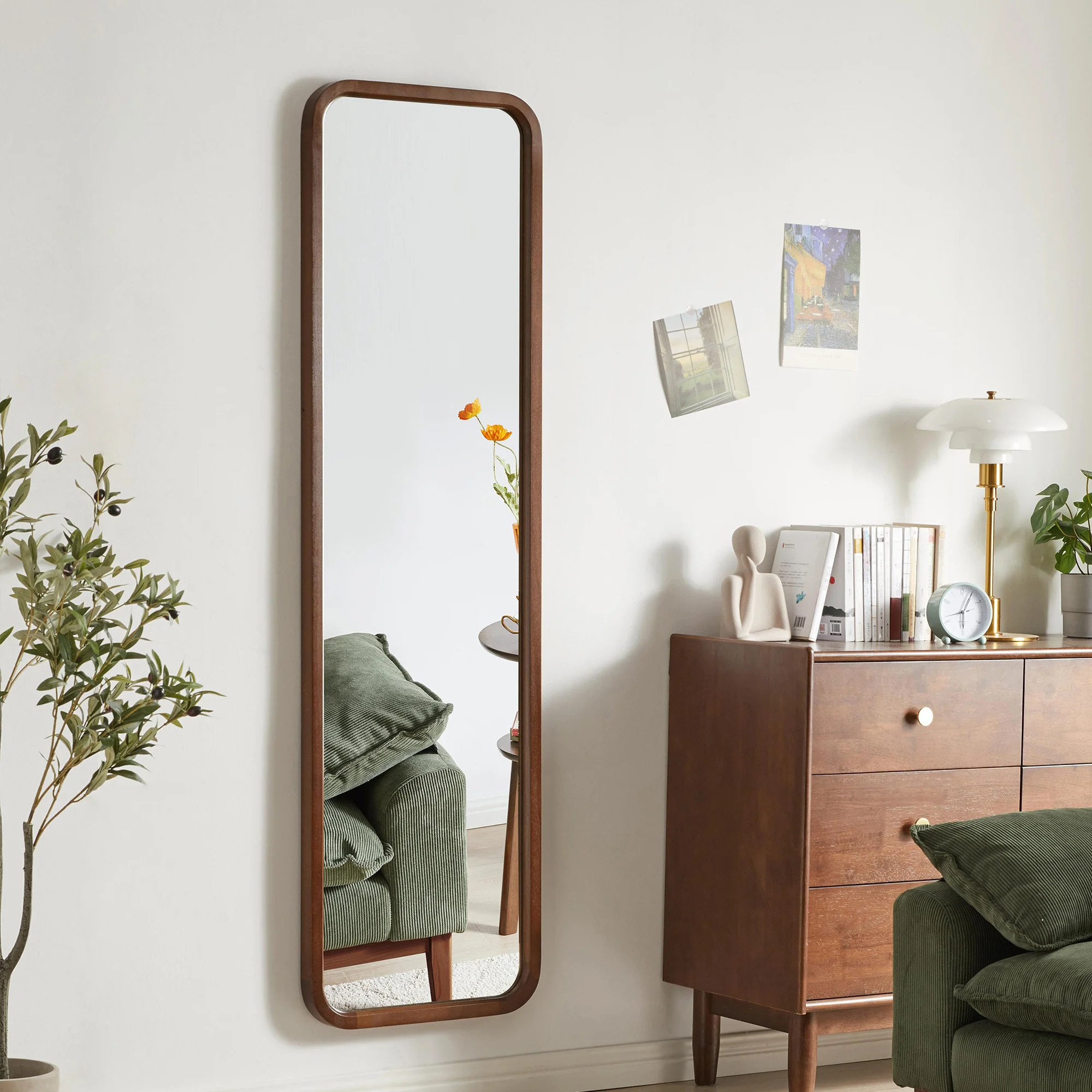 Full Length Mirror, Solid Beech Wood Frame Floor Mirror, Freestanding Mirror with Stand, Large Body Mirror for Bedroom Living Room Dressing Room, Walnut Finish