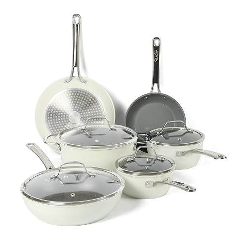Sur La Table Kitchen Essentials 10 Piece PFA Free Non-Toxic Titanium Ceramic Nonstick Interior Forged Aluminum Cookware Pots and Pans Set - Linen White - Induction Compatible
